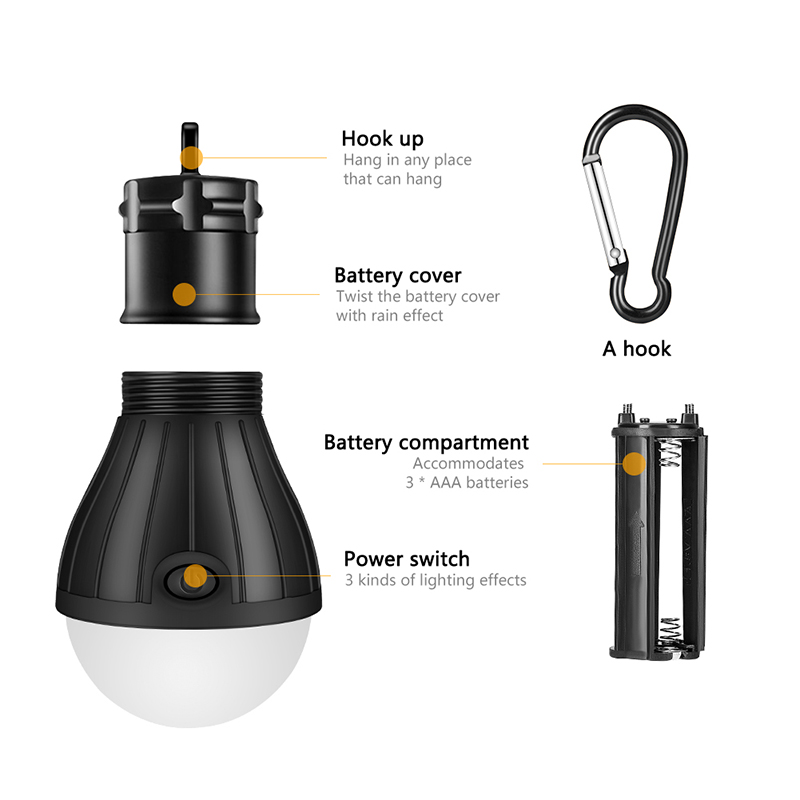 Lámpara de Carpa de Bombilla de Campamento LED Con Clip de Gancho Portátil Linterna Colgante Luz de Emergencia - Negro