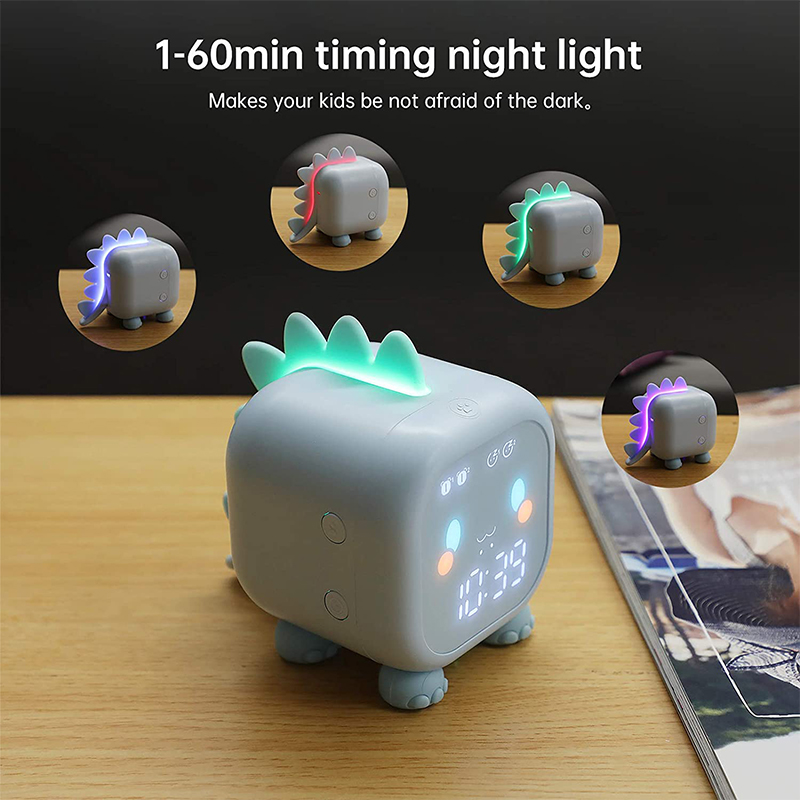 Kids Digital Alarm Clock Cartoon Dinosaur Clock USB Rechargeable Children's Sleep Trainer Timer Night Light - Pink