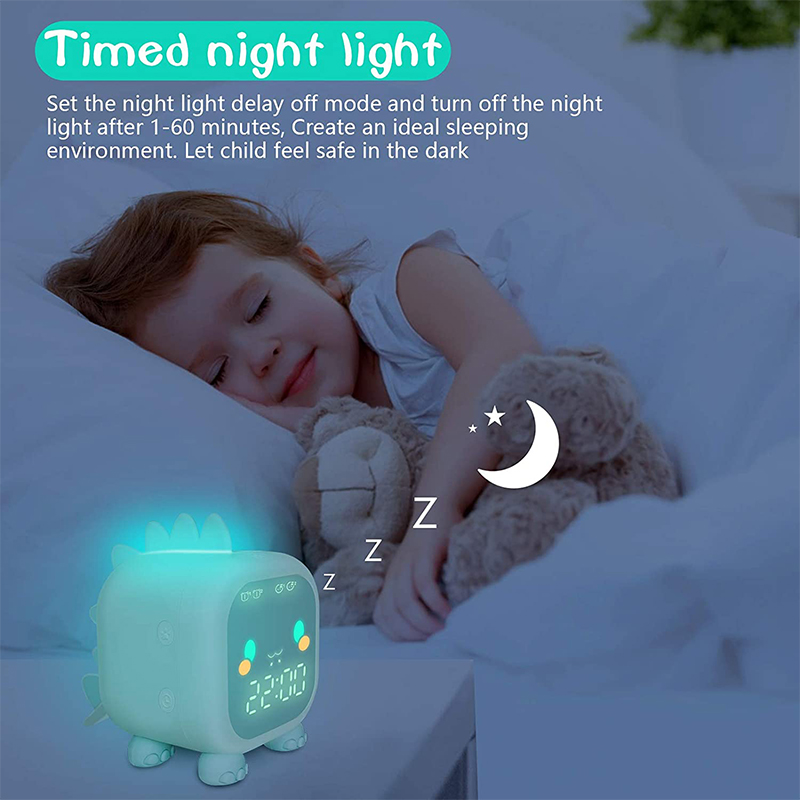 Kids Digital Alarm Clock Cartoon Dinosaur Clock USB Rechargeable Children's Sleep Trainer Timer Night Light - Pink