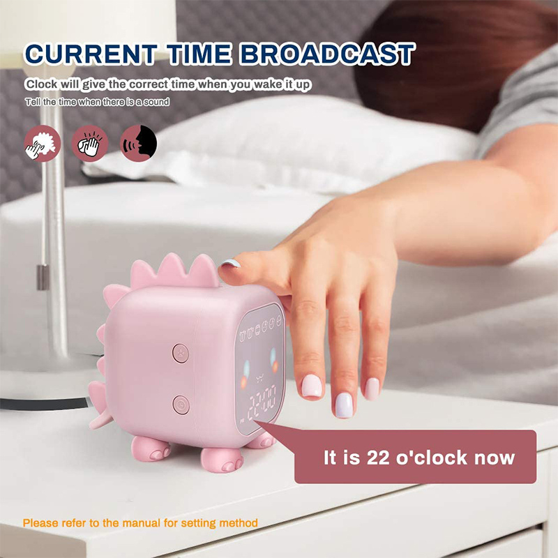 Kids Digital Alarm Clock Cartoon Dinosaur Clock USB Rechargeable Children's Sleep Trainer Timer Night Light - Pink