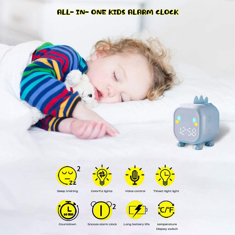 Kids Digital Alarm Clock Cartoon Dinosaur Clock USB Rechargeable Children's Sleep Trainer Timer Night Light - Pink