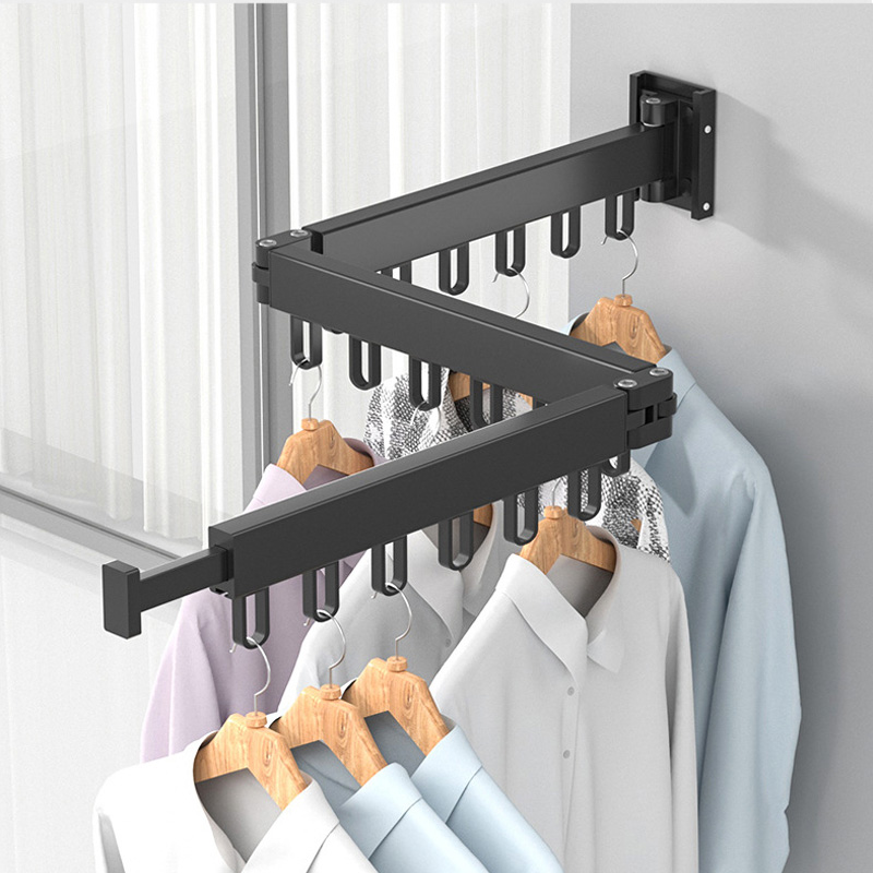 Adjustable Retractable Wall Mounted Laundry Hanger Rack Space Saving Clothes Hook - Black/1 - section