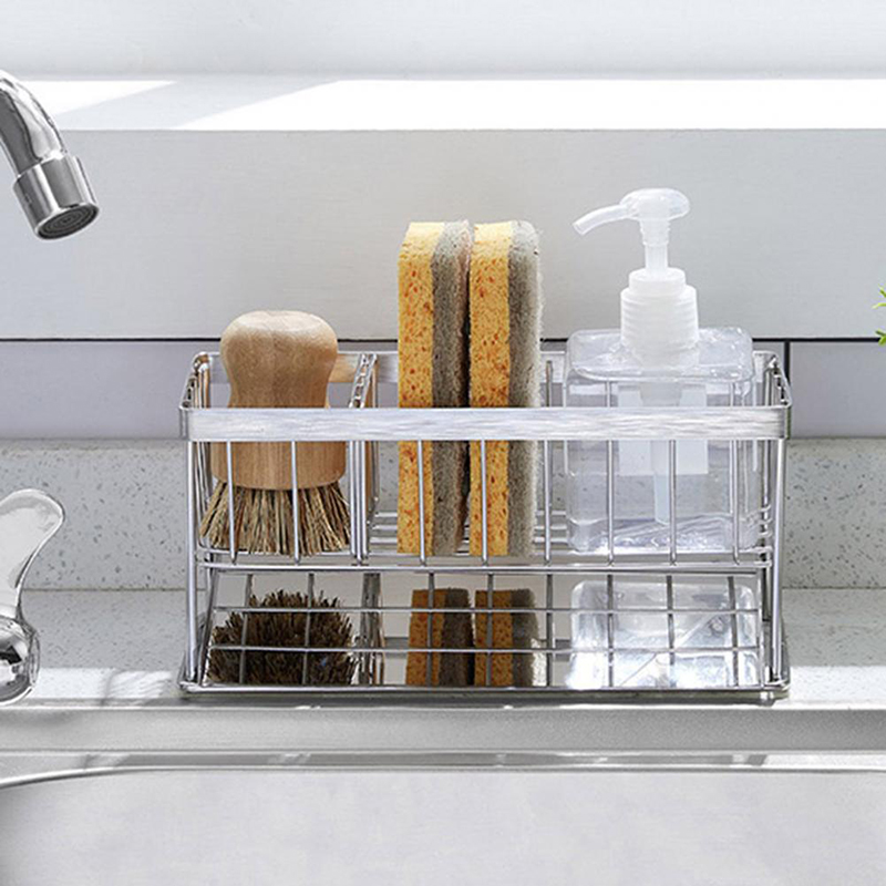 Stainless Steel Sink Caddy Organizer Dish Sponge Holder Basket Storage Rack - Normal-5