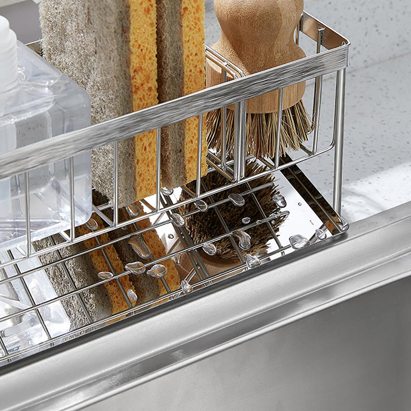 Stainless Steel Sink Caddy Organizer Dish Sponge Holder Basket Storage Rack - Normal-7