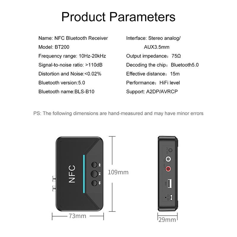 BT200 NFC Bluetooth Audio Receptor Transmisor Inalámbrico de 3.5 mm Aux a 2 Adaptador de Audio RCA