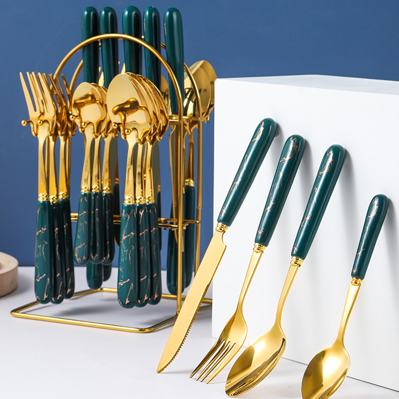 24Pcs Ceramic Tableware Set Fork Steak Knife Spoon Utensils Flatware Dinnerware Kit (NO FDA Certificate) - Green / Gold Edge