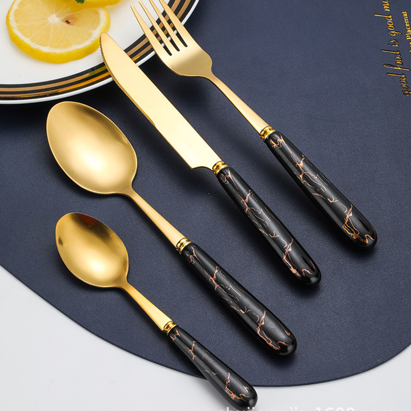 24Pcs Ceramic Tableware Set Fork Steak Knife Spoon Utensils Flatware Dinnerware Kit (NO FDA Certificate) - Green / Gold Edge