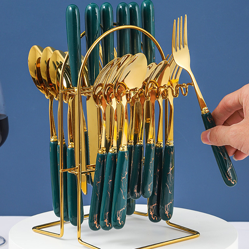 24Pcs Ceramic Tableware Set Fork Steak Knife Spoon Utensils Flatware Dinnerware Kit (NO FDA Certificate) - Green / Gold Edge