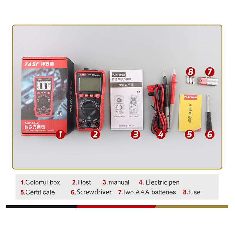 Tasi TA801A Manual Digital Multímetro Rms AC DC DC NCV Auto Rango Digital Multímetros Probador de Voltaje Ohm hz Medidor