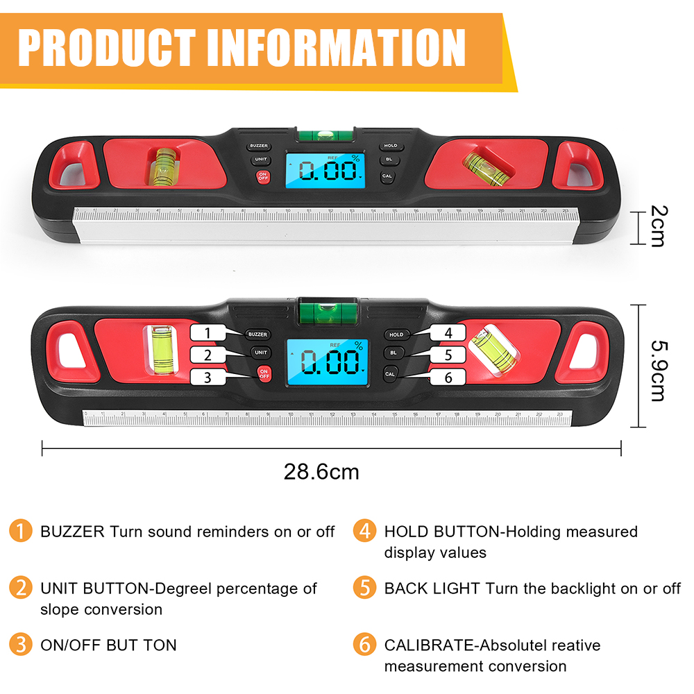 HW-200 Nível de Nível Elétrico Ângulo de Ângulo Régua Digital Spirit Level Inclinometer Medidor Localizador - Vermelho